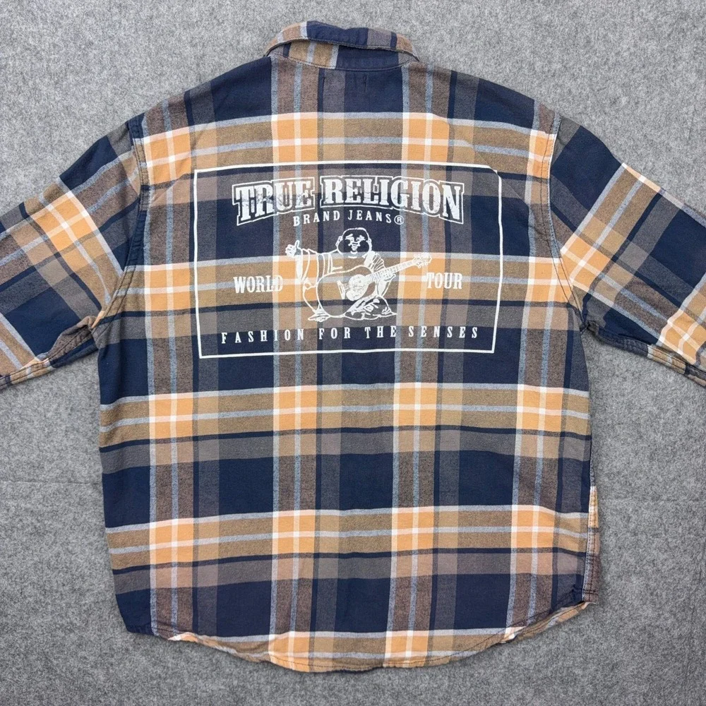 True Religion Shirt Mens Large Blue Tan Plaid Flannel Shacket Logo‎ Flap Pockets